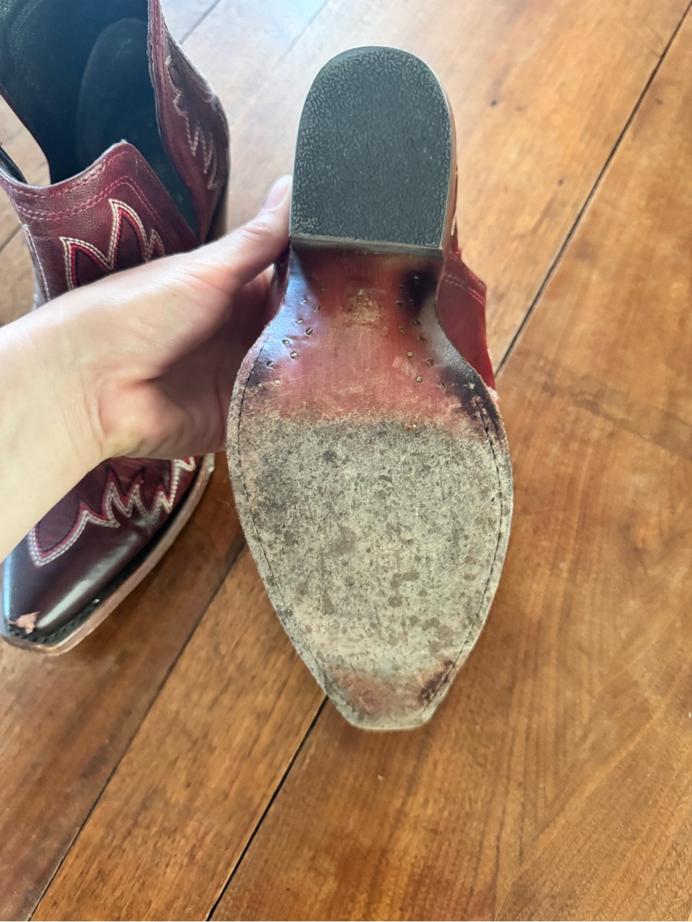 Ariat Red Burgundy Western Ankle Boots with White Stitching - Picture 7 of 9
